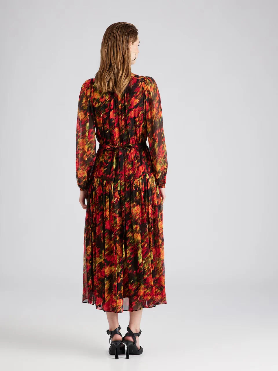Pleated Red Floral Printed Midi Dress